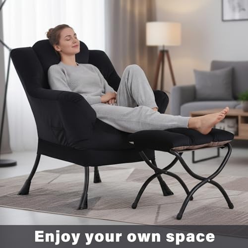 Lazy Chair and Ottoman Velvet Large Accent Chair with a Side Pocket, Black gallery