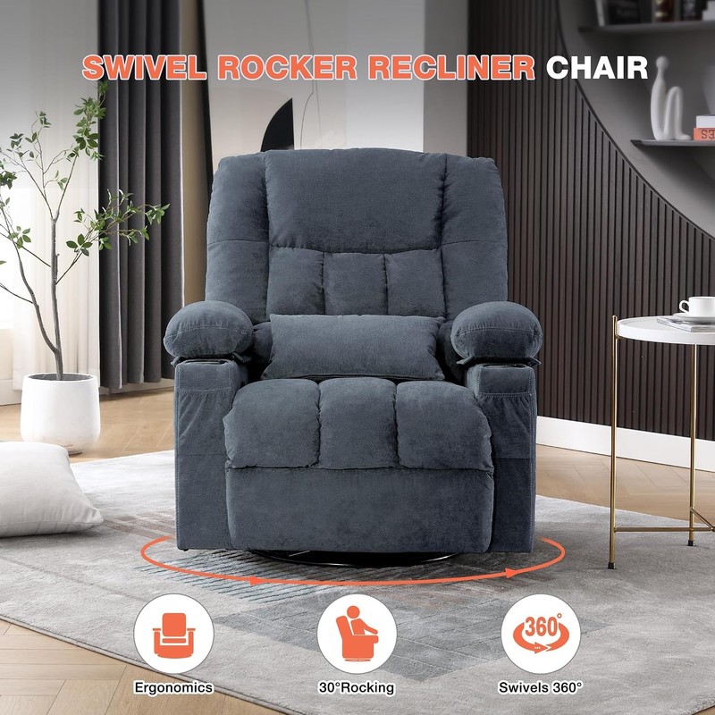 Massage Swivel Recliner Chair Oversized Rocker Recliner Single Sofa Side Pocket gallery