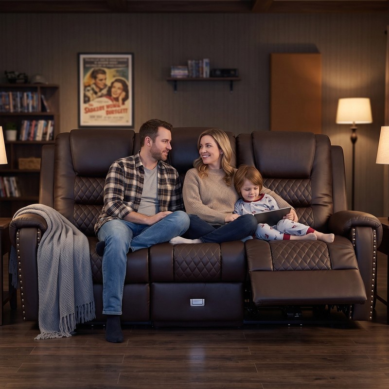 Oversized PU Leather Massage Recliner Chair 3-Seat Sofa Couch w/Drawer,USB Brown