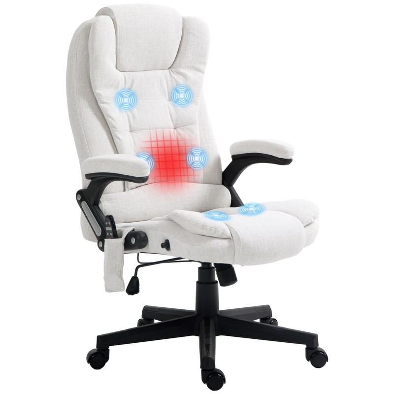 Cream White Linen Massage Office Chair with Heat & Remote Control