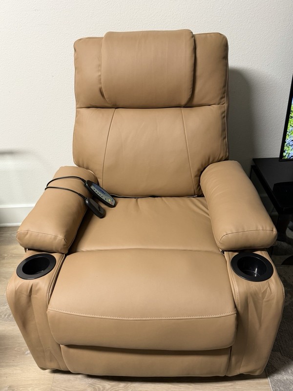 Beige Faux Leather Electric Massage Chair Heated Wave Pulse Remote Cup Holder