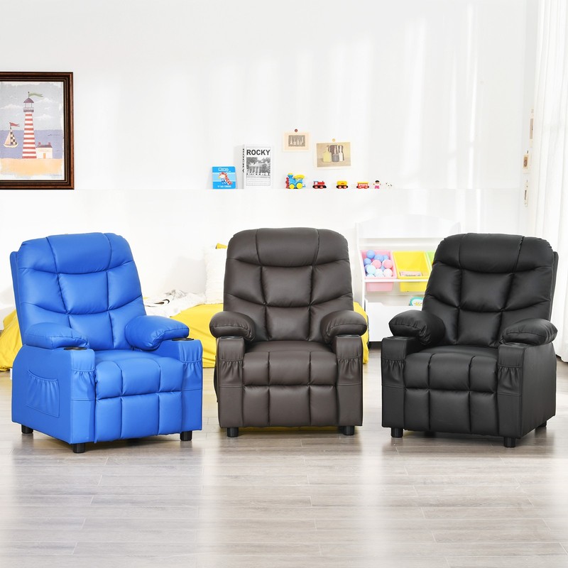 Costway Kids Youth Recliner Chair PU Leather w/Cup Holders & Side Pockets Blue gallery