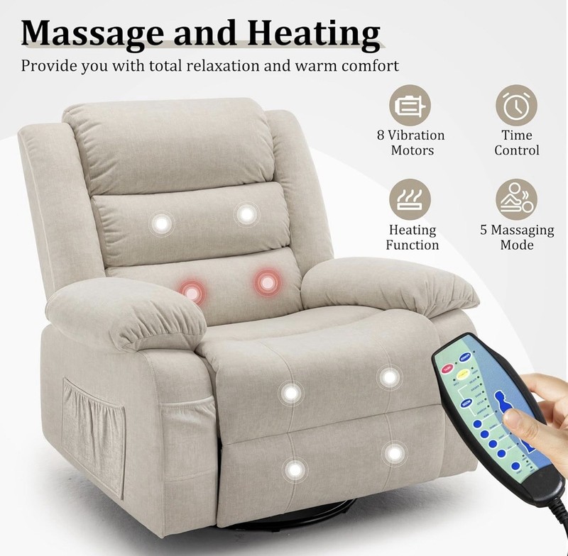 Beige Fabric Electric Massage Recliner, Heated Vibration, 360 Swivel, Remote gallery