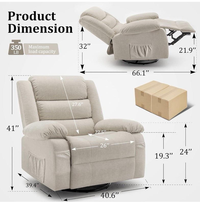 Beige Fabric Electric Massage Recliner, Heated Vibration, 360 Swivel, Remote gallery