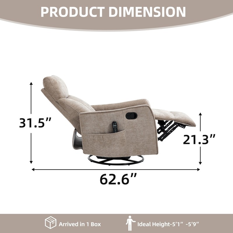 Khaki Heat Massage Manual Recliner Chair with Rocker and Swivel in Fabric gallery