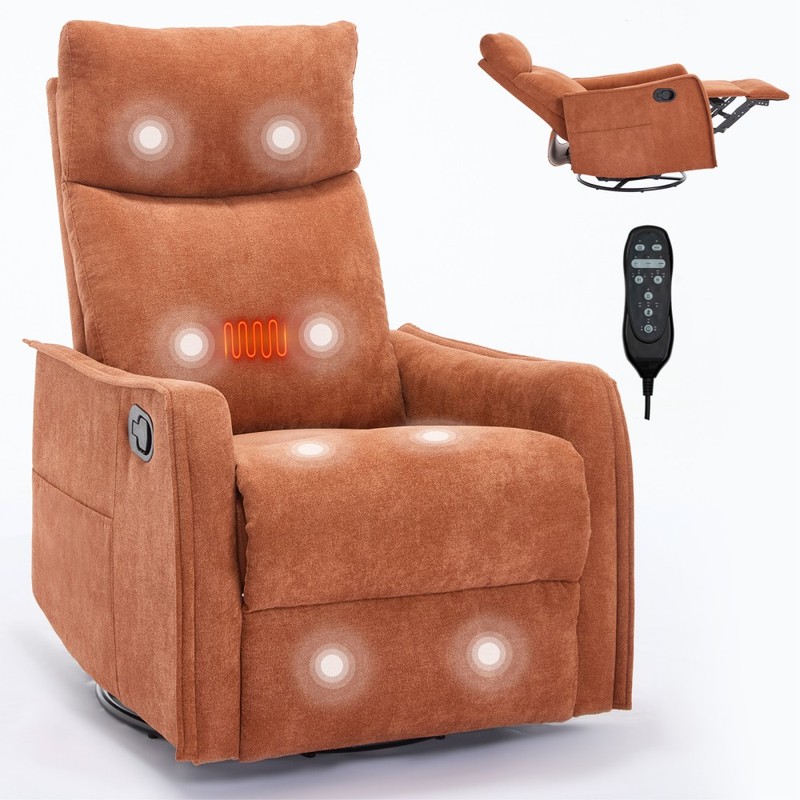 Heat Massage Manual Recliner Chair 360° Swivel Rocker Fabric Orange 155° Recline
