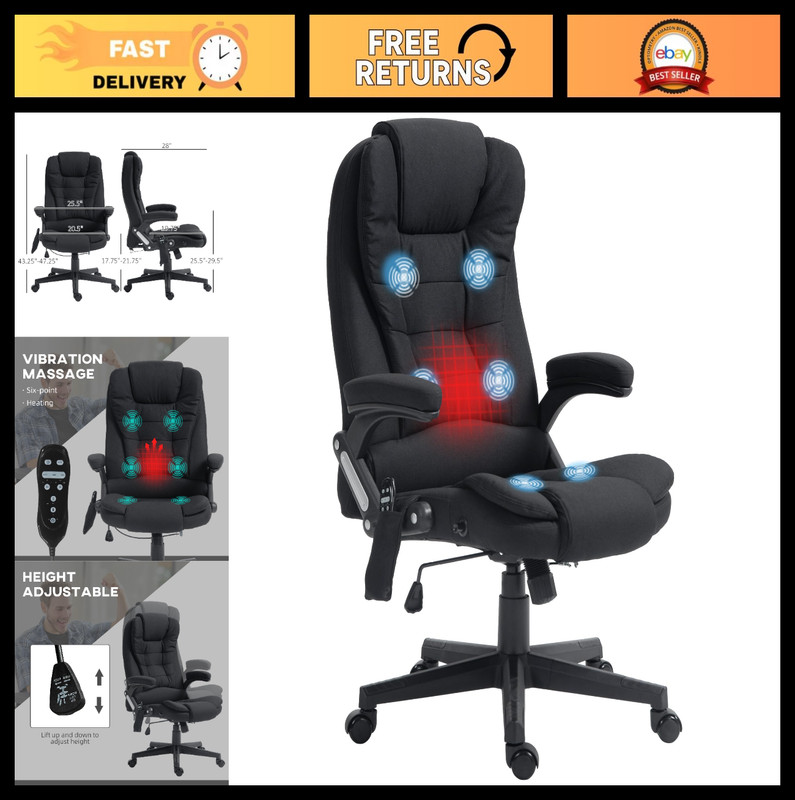 6-Point Vibrating Massage Office Chair with Heat, Reclining Backrest & Padded Ar