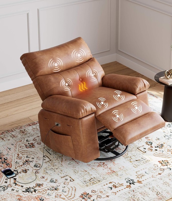 Electric Rocker Swivel Recliner Chair,Overstuffed PU Leather Seat w Heat&Massage gallery