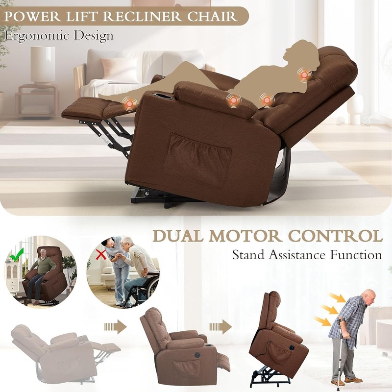 Heavy lift recliner with heat massage, side pockets and USB charging ports gallery
