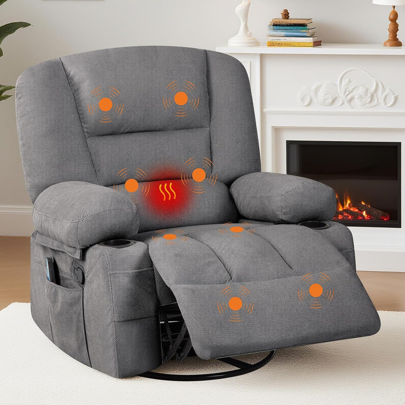 Oversized Grey Recliner Chair with Heat, Vibration, Swivel & Cup Holders