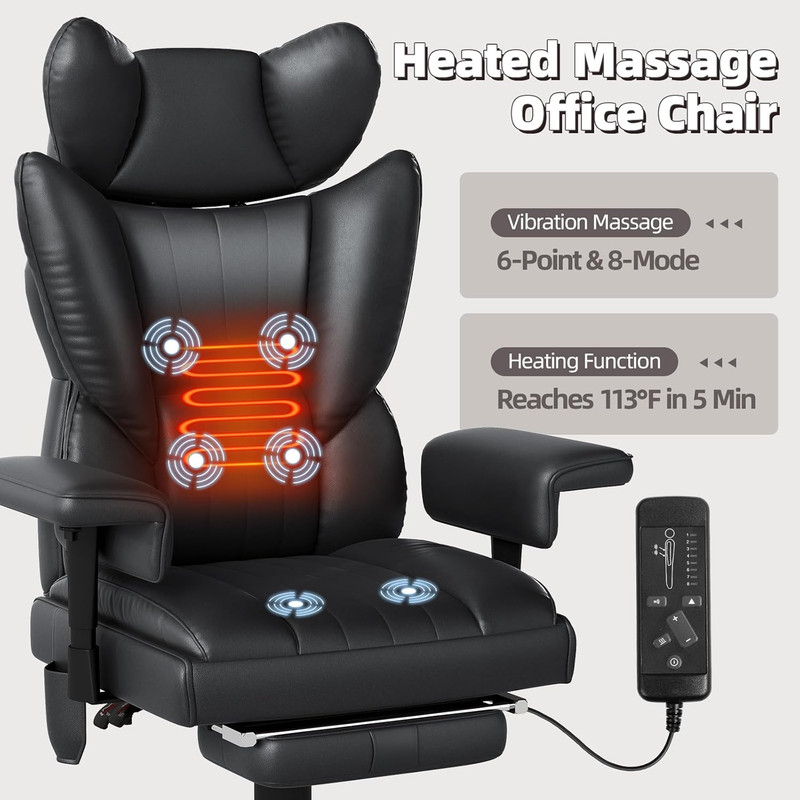 6 Points Massage Heated Home Office Chair with Foot Rest, Black | 400LBS Executi gallery