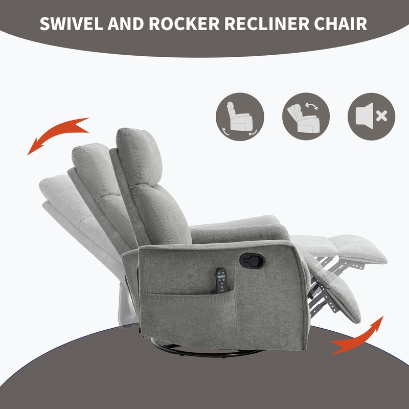 Manual Recliner Chair with Massage, Heat, Swivel & Rocker, Light Grey gallery