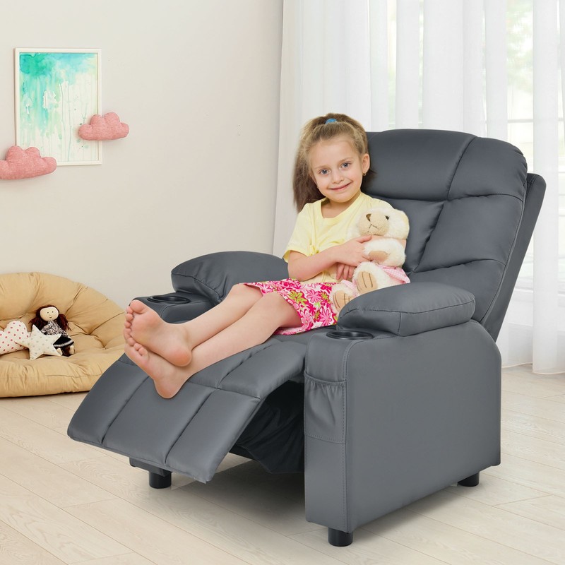 Costway Kids Youth Recliner Chair PU Leather w/Cup Holders & Side Pockets Grey gallery