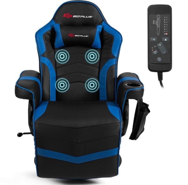 Goplus Ergonomic Massage Gaming Recliner Chair Black With Blue gallery