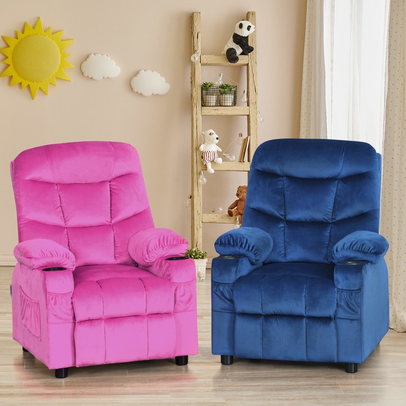 Costway Kids Youth Recliner Chair Velvet Fabric w/Cup Holder & Side Pocket Pink gallery