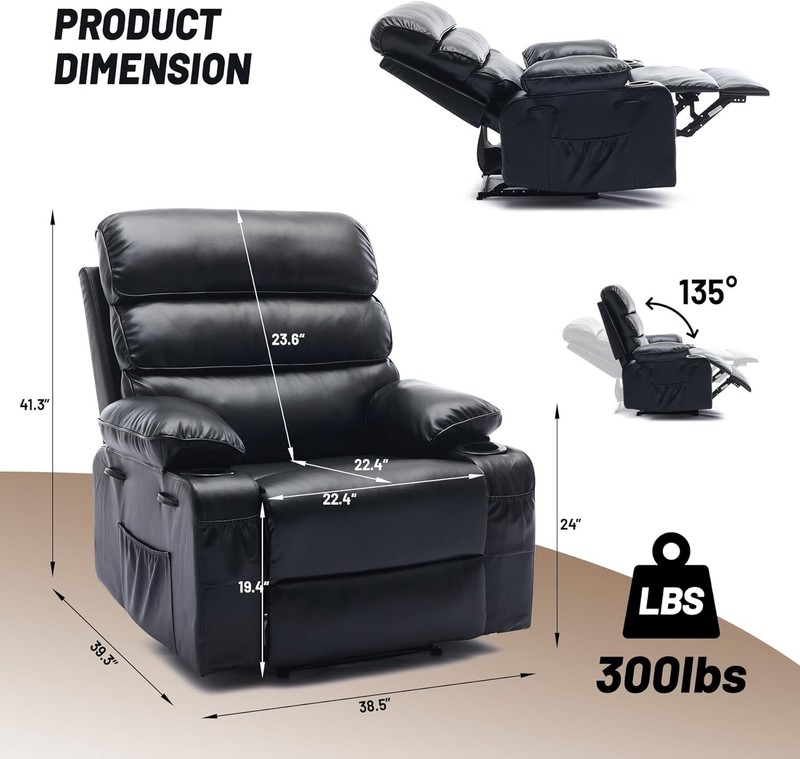 PU Leather Manual Recliner w Massage&Heat,Extra Wide Black Lazy Chair for Adults gallery