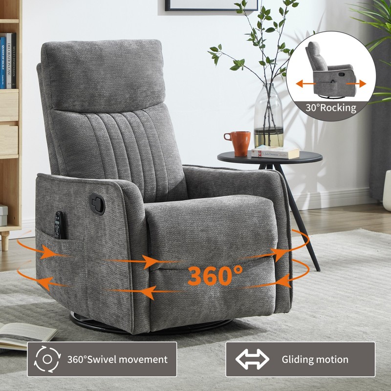Dark Gray Fabric Recliner Chair with Massage, Heat, Swivel & Rocker gallery