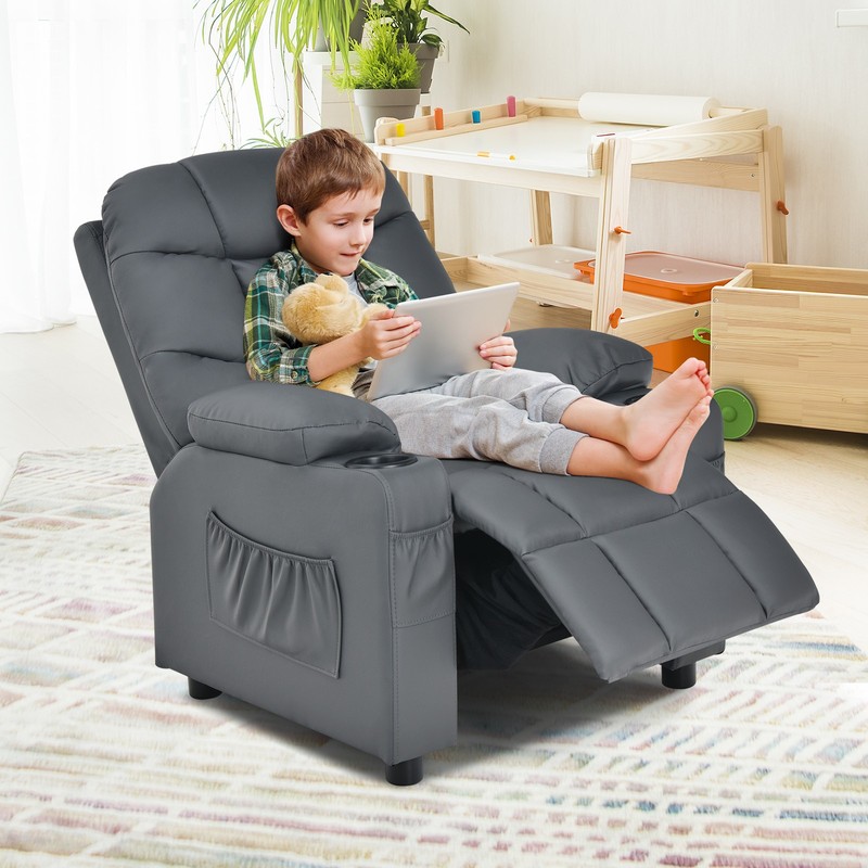 Costway Kids Youth Recliner Chair PU Leather w/Cup Holders & Side Pockets Grey gallery