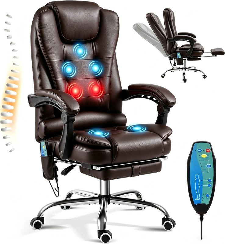 Executive Massage Office Chair with Heat, Reclining Footrest, Brown Leather