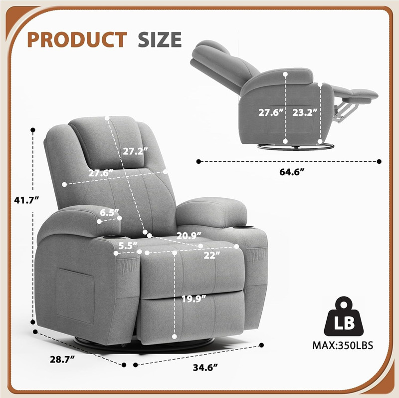 Vibrating Swivel Rocker Recliner Chair with Cup Holders - Gray Fabric gallery