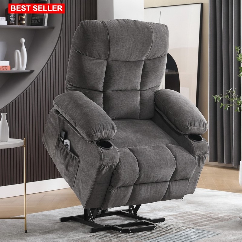 Furniture Power Lift Recliner Chair Electric Massage Lumbar Heating Grey Modern