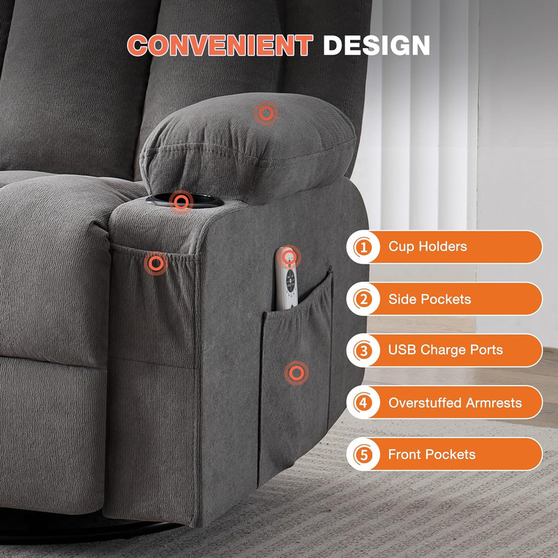 BOSMILLER Swivel Rocker Recliner Chair with Vibration Massage and Lumbar Heating gallery