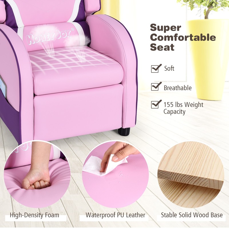 Honeyjoy Kids Recliner Chair Gaming Sofa PU Leather Armchair w/Side Pockets Pink gallery