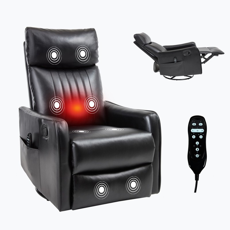 Faux Leather Heat Massage Manual Recliner 360° Swivel Rocker Black 155° Recline