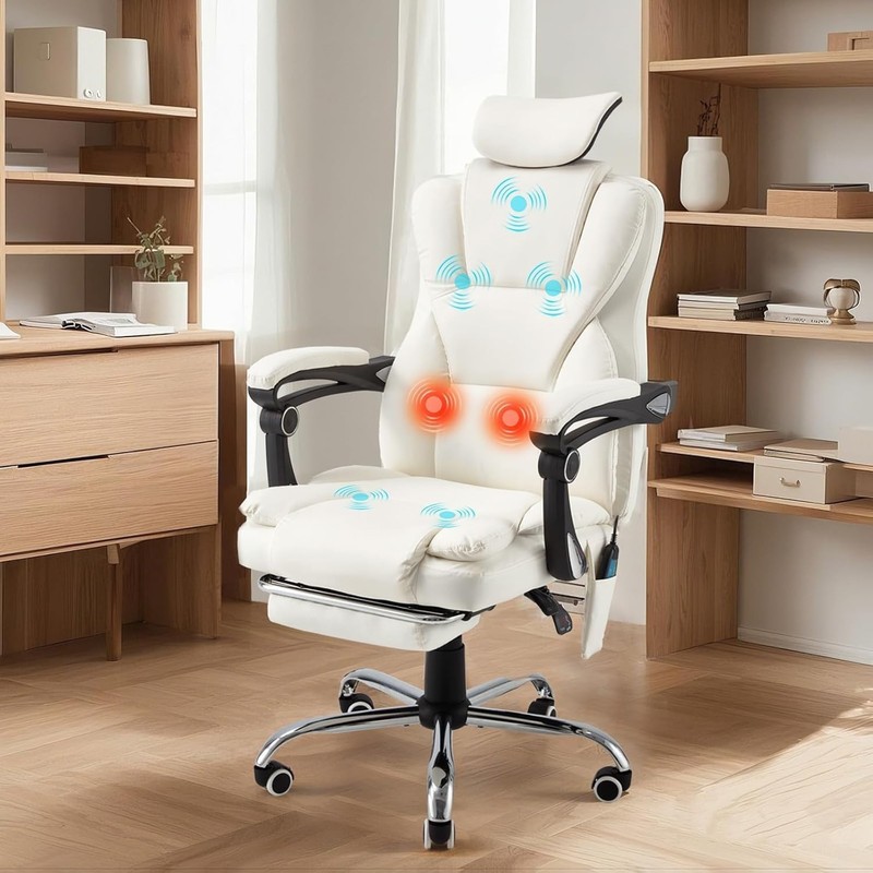 Massage Office Chair Heat Reclining Footrest Executive Chair White Leather gallery