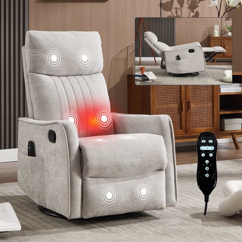 Light Gray Massage Recliner Chair with Heat, Rocker & Swivel