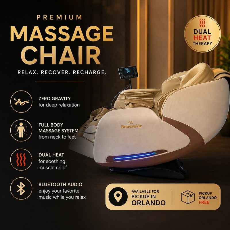 RenewAir Full Body Massage Chair Zero Gravity Heat Bluetooth Airbag S-Track