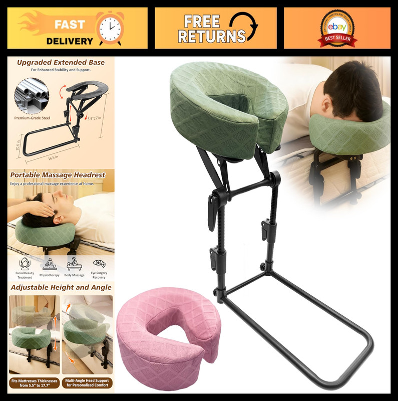 Adjustable Massage Headrest for Bed & Table, 2 Washable Pillowcases - Green & Pi