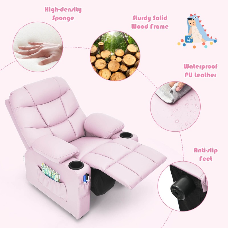Honeyjoy Kids Youth Recliner Chair PU Leather w/Cup Holders & Side Pockets Pink gallery