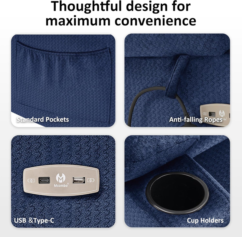 Navy Blue Power Lift Recliner with Massage, Heat & USB for Elderly Comfort gallery