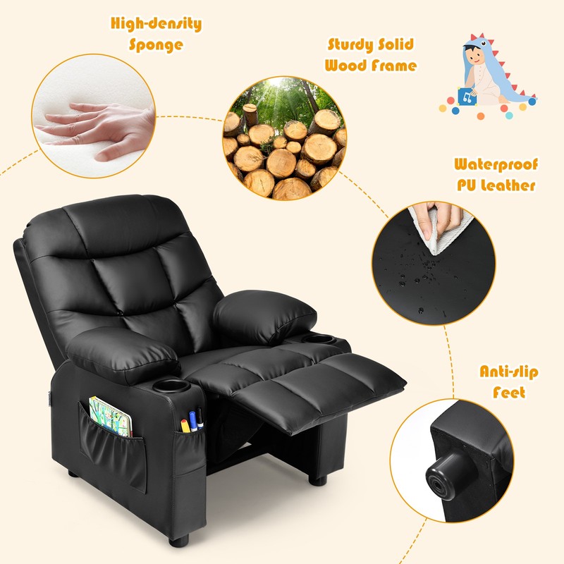 Honeyjoy Kids Youth Recliner Chair PU Leather w/Cup Holders & Side Pockets Black gallery