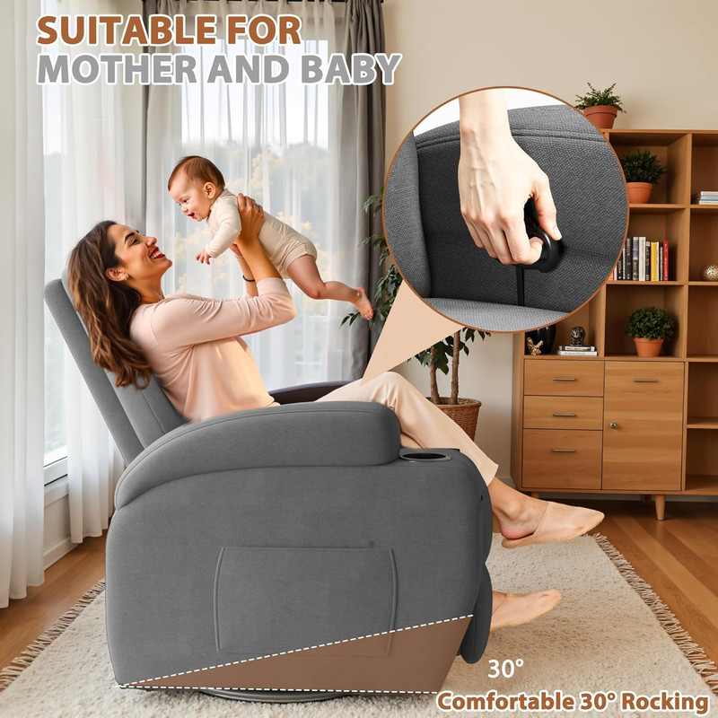 Vibrating Swivel Rocker Recliner Chair with Cup Holders - Gray Fabric gallery