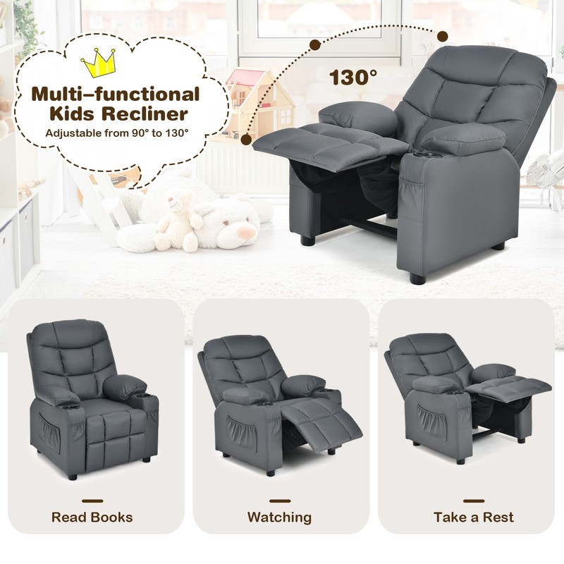 Honeyjoy Kids Youth Recliner Chair PU Leather w/Side Pockets & Cup Holders Grey gallery