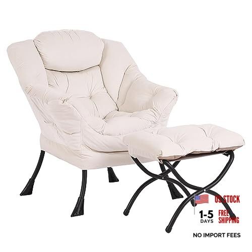 Lazy Chair and Ottoman, Large Velvet Accent Chair with a Side Pocket, Beige
