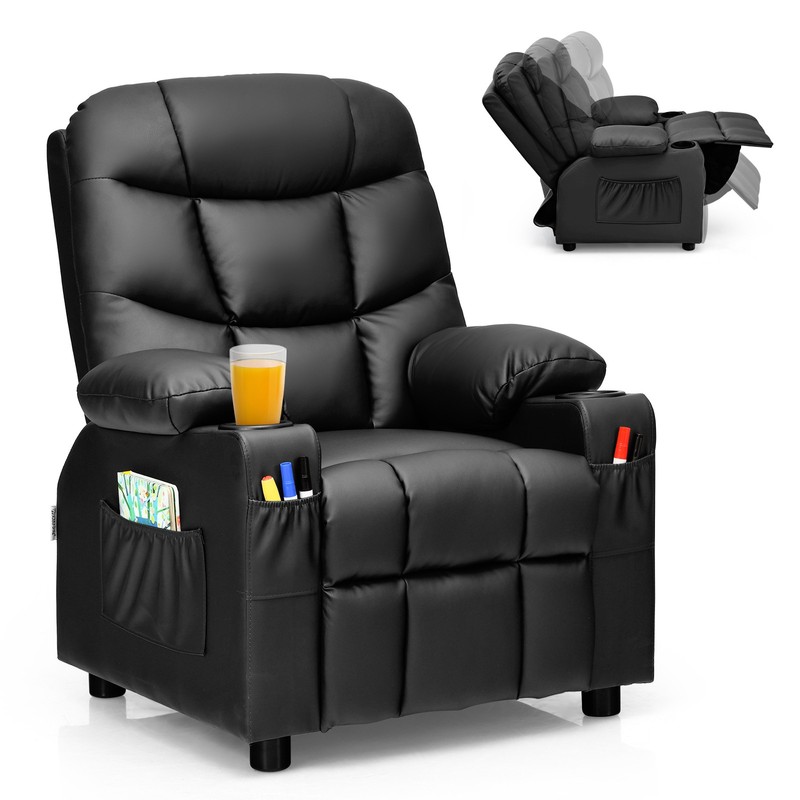 Honeyjoy Kids Youth Recliner Chair PU Leather w/Cup Holders & Side Pockets Black