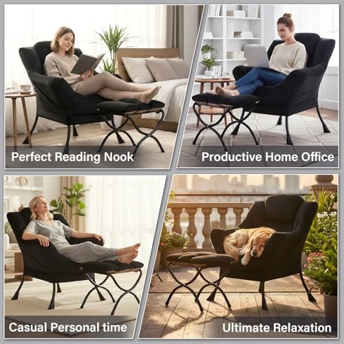 Lazy Chair and Ottoman Velvet Large Accent Chair with a Side Pocket, Black gallery