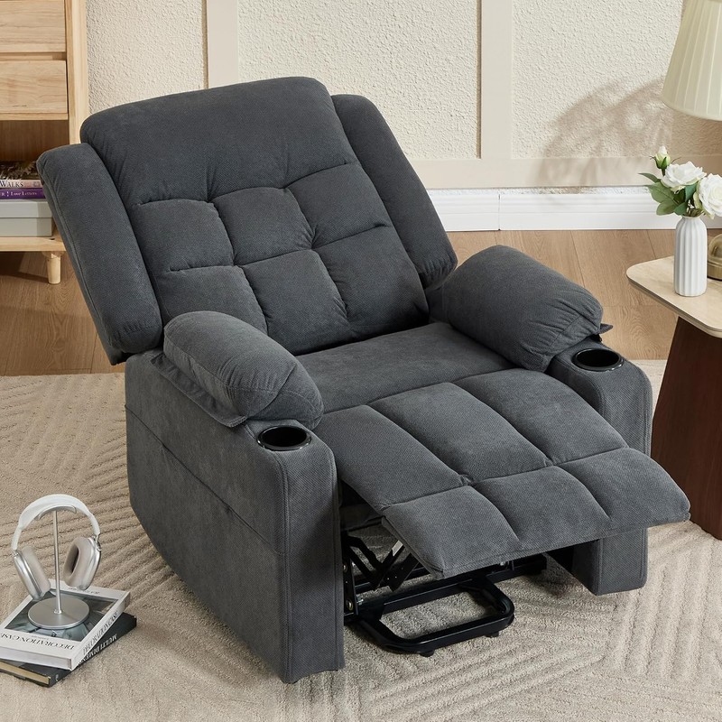 Power Lift Recliner Chair for Elderly Heat Massage USB Cup Holders Grey Fabric