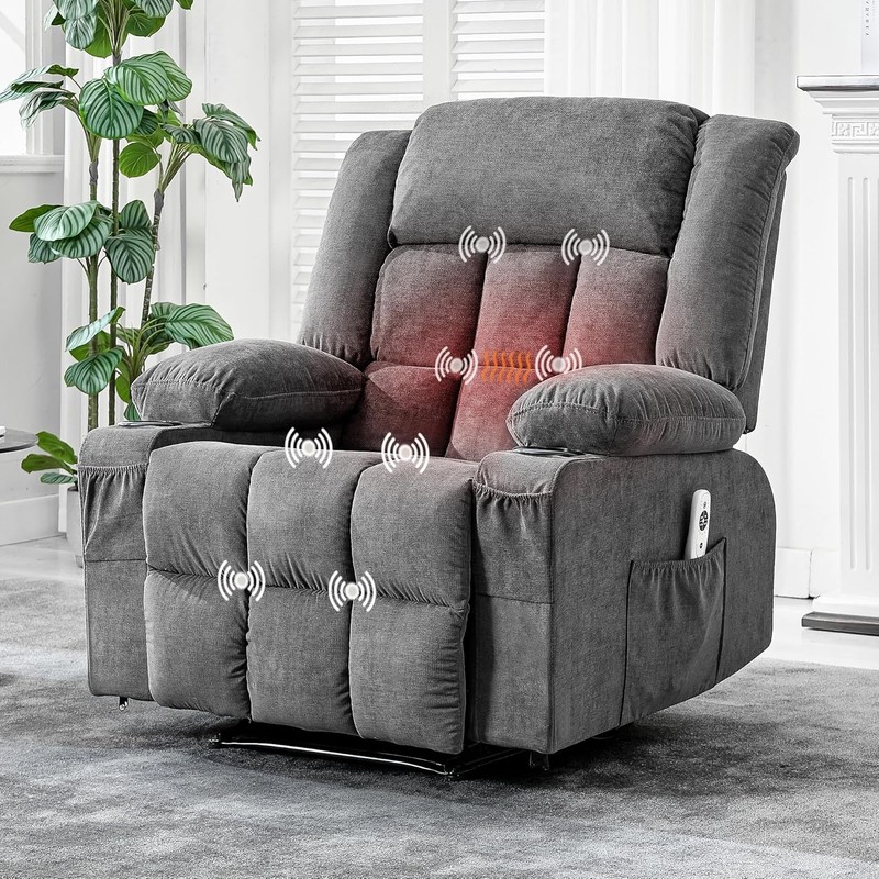 Gray Large Recliner Chair with Massage & Heat, 3 Positions Side & Front Pockets