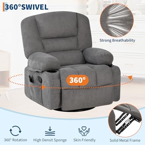 Oversized Wide Recliner Chair-Heat and Vibration Massage, 360° Chenille/Grey gallery