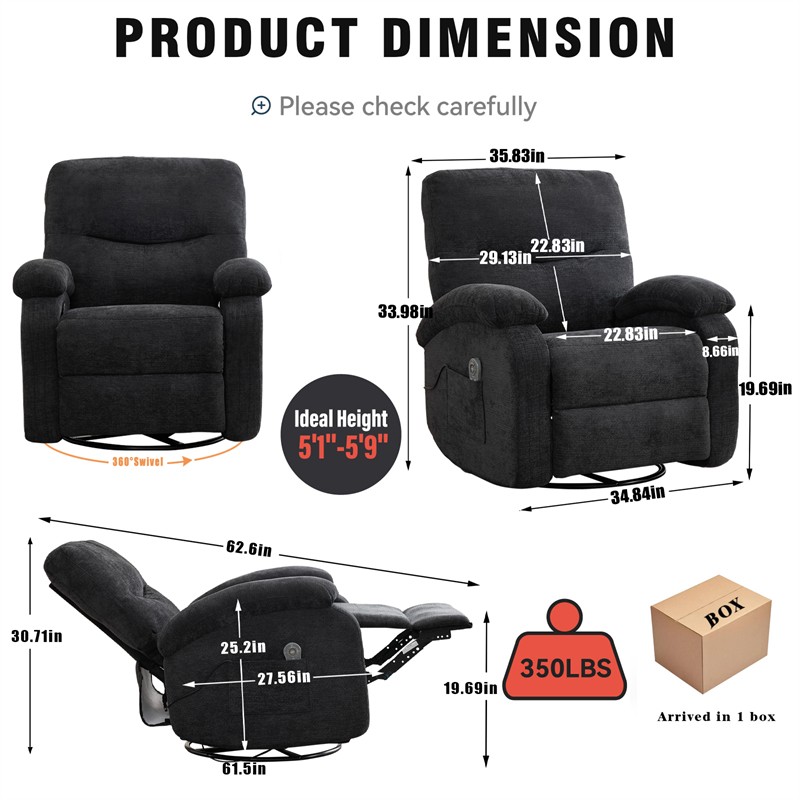 Heat Massage Manual Recliner Chair with Rocker Arms & Rotating Fabric Dark Grey gallery