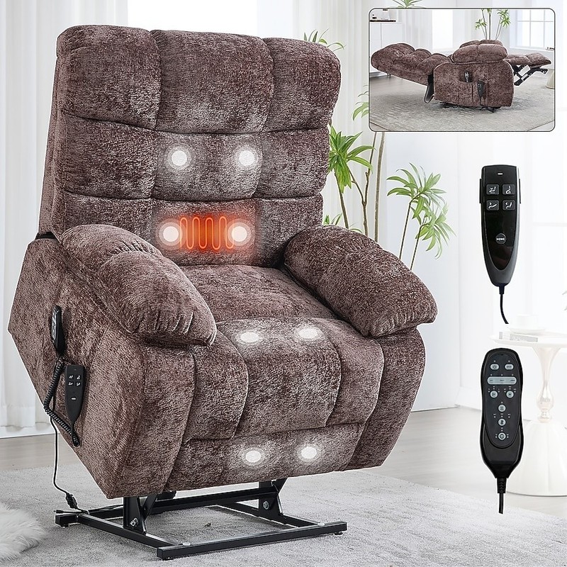GZMR Dual Motor Power Lift Recliner w/ Heat & Massage, Brown Chenille