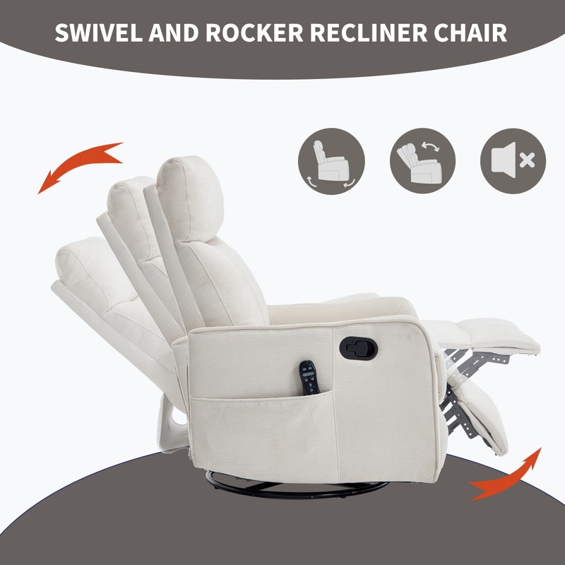 Beige Fabric Manual Recliner Chair with Heat Massage, Rocker & Swivel gallery