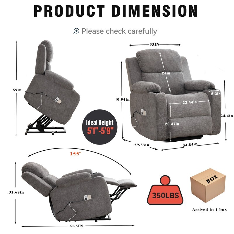 Infinite Position Single Motor Up to 350 LBS Power Lift Recliner Chair for Elder gallery