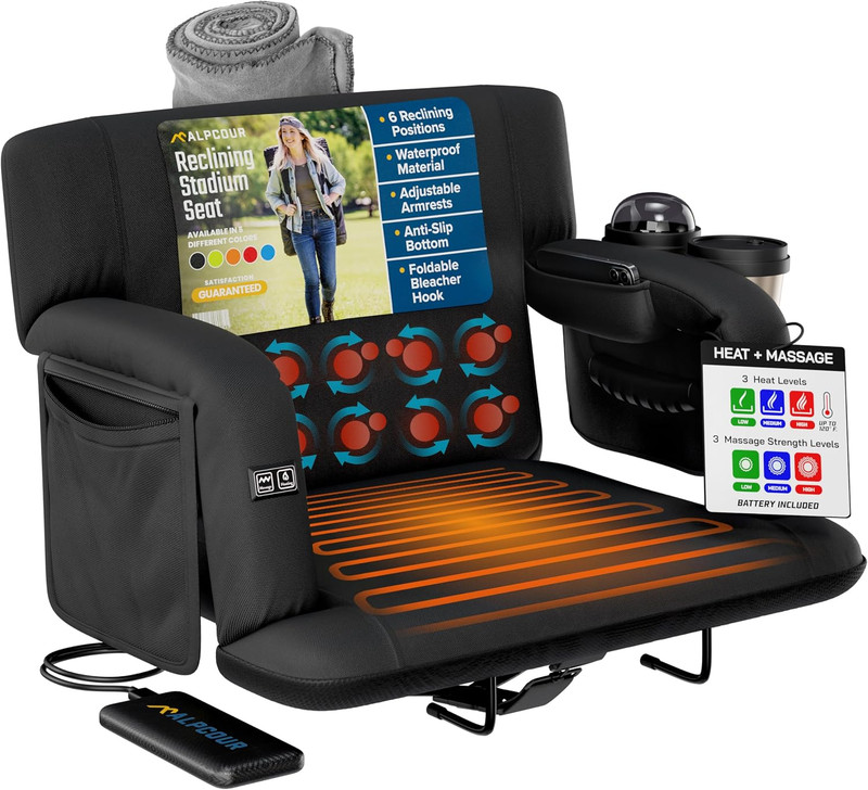 Alpcour Heated Massage Reclining Stadium Seat for Bleachers – Wide Bleacher Chai