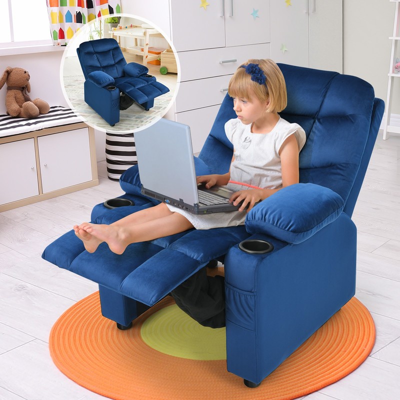 Honeyjoy Kids Youth Recliner Chair Velvet Fabric w/Cup Holder & Side Pocket Blue gallery