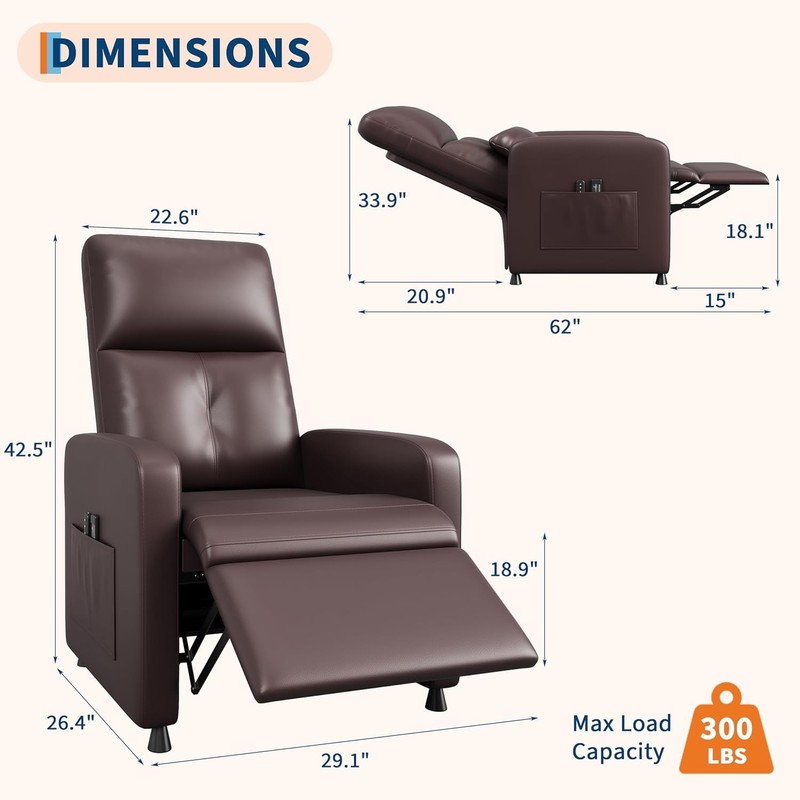 Power Recliner Chair with Massage & Heat,PU Leather with USB Port & Side Pockets gallery